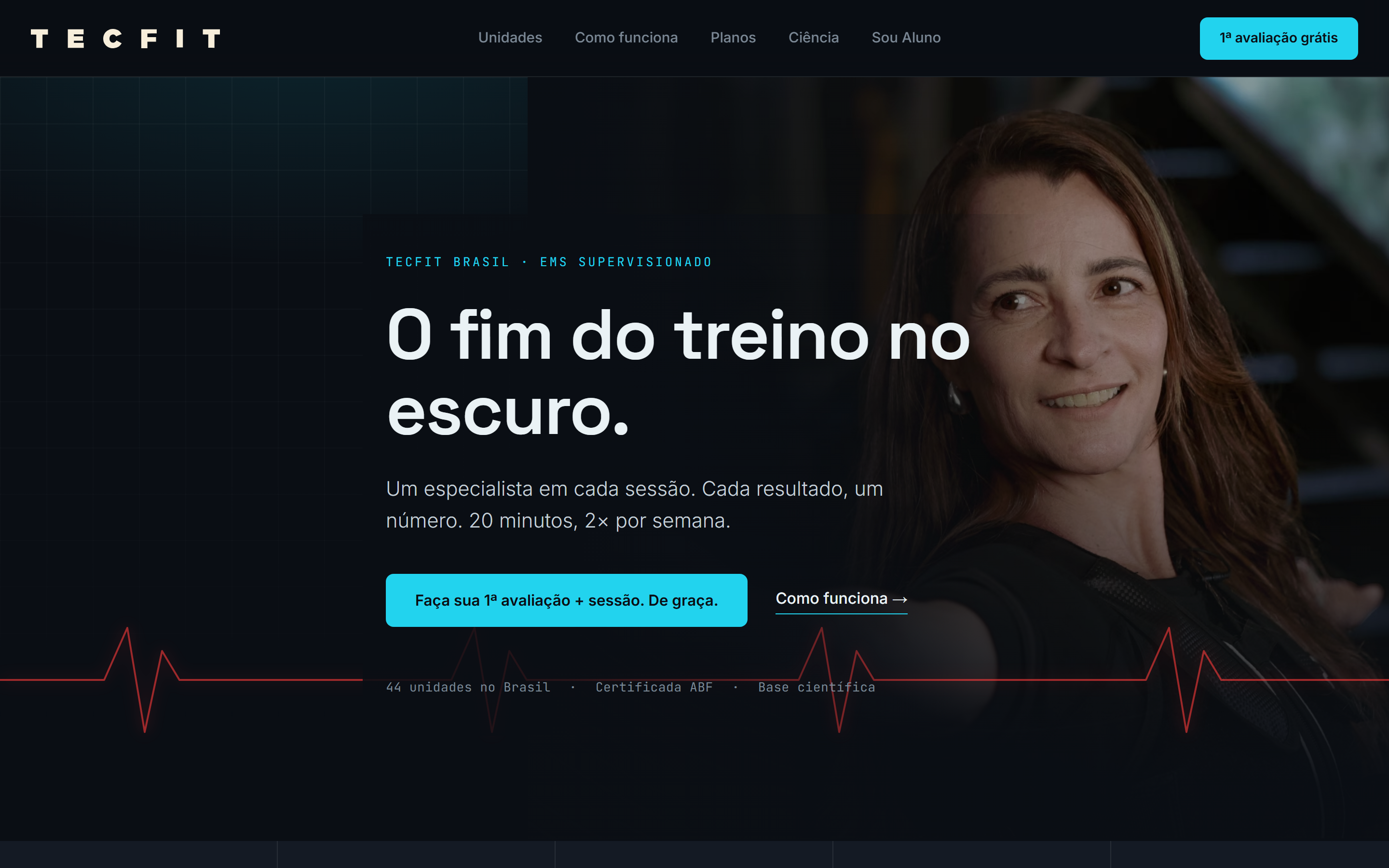 Home proposta para a Tecfit Brasil, com o posicionamento 'O fim do treino no escuro'